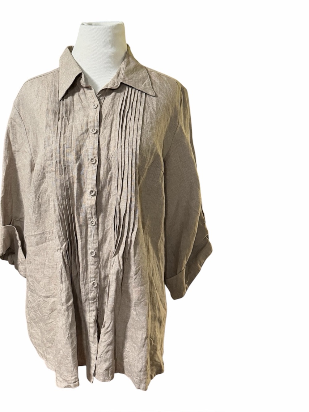 100% linen taupe button front blouse pintuck pleated front Lagenlook bohemian XL